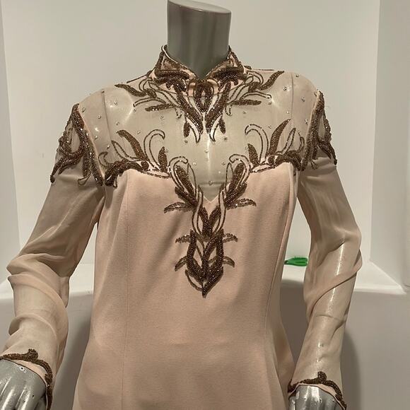 Bella Diosa Collection Vintage 90'S Maxi Dress Beige Beaded Sheer Accent Size 12 - Picture 5 of 16